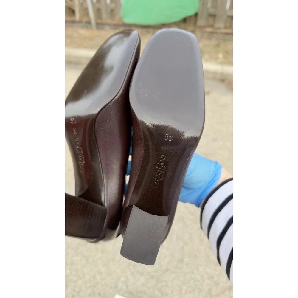 Calvin Klein Brown Leather Pumps Block Heel Square Toe Size‎ 5.5 B Italy